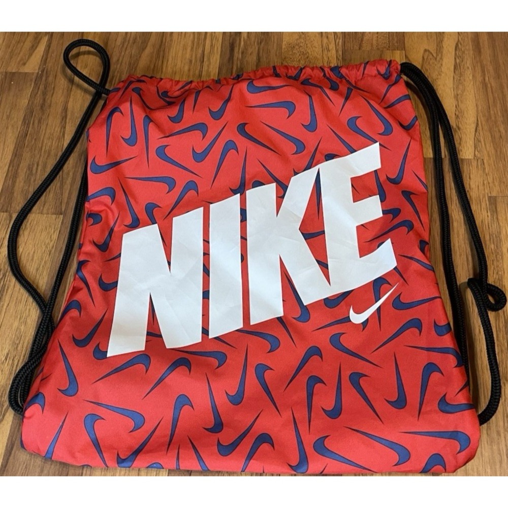 Nike Drawstring Gym Sack Red Navy Swoosh Print Backpack Cinch Bag Logo Unisex OS